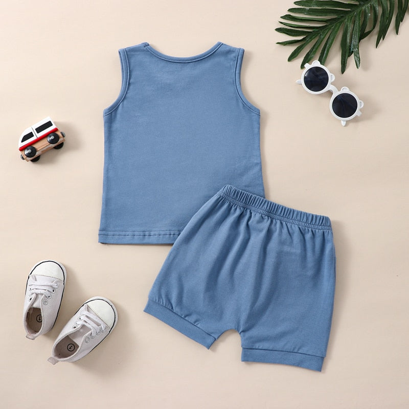 Back of two piece tank top and shorts dark blue, light blue and white color block set for baby and toddler, baby boutique, Jelly Bean Baby Co.