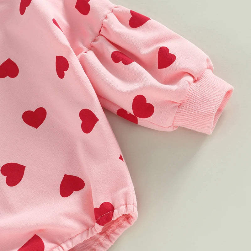 Sleeve and closeup of hearts for Baby Girl Valentine's Day Heart Onesie with a Headband, baby girl onesie, baby boutique, Jelly Bean Baby Co.