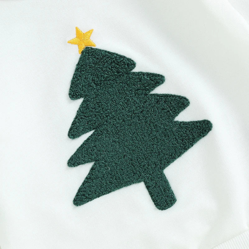 Closeup of fuzzy Christmas Tree for Unisex outfit comes with a white, long sleeved sweatshirt with a fuzzy green tree on the front with elastic green pants with pockets, baby boy and baby girl, toddler boy and toddler girl, baby boutique, Jelly Bean Baby Co.