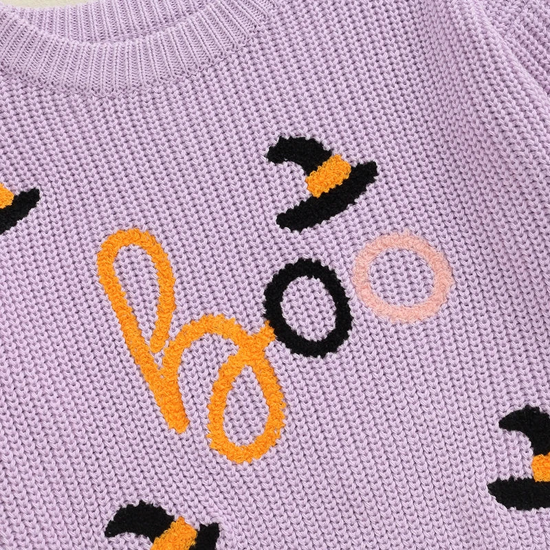 Closeup of embroidery for Purple Boo Witch Hat Sweater, baby girl, toddler girl, girl, Halloween sweater, baby boutique, Jelly Bean Baby Co.