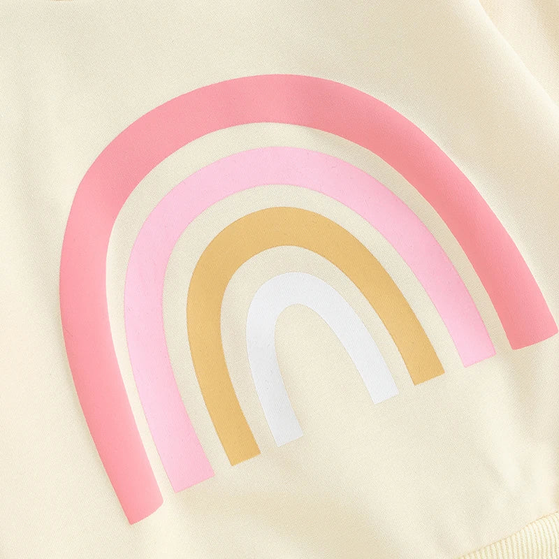 Rainbow graphic for off-white sweatshirt and sweatpants set, sweatshirt with a rainbow graphic on the front, pants with pockets and a rope like tie, for baby girl and toddler girl, baby boutique, Jelly Bean Baby Co.