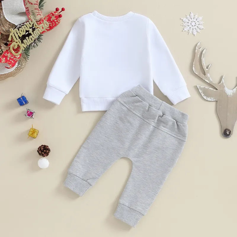 Solid white back of shirt and gray pants for Oh Snap Gingerbread Two Piece Outfit, white sweatshirt with brown font and a gingerbread cookie graphic with gray pants, for baby and toddler holiday christmas clothes, baby boutique, Jelly Bean Baby Co.