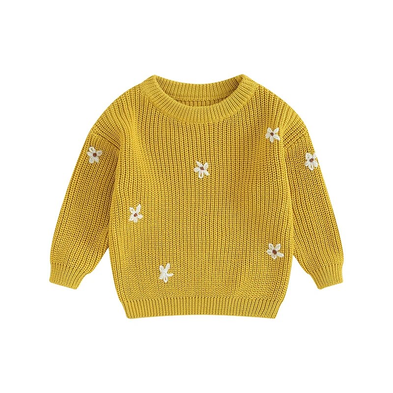 Dark Yellow long sleeved knit sweater for baby girl and toddler girl with white floral embroidery, baby boutique, Jelly Bean Baby Co.