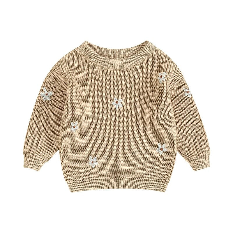 Light Khaki long sleeved knit sweater for baby girl and toddler girl with white floral embroidery, baby boutique, Jelly Bean Baby Co.