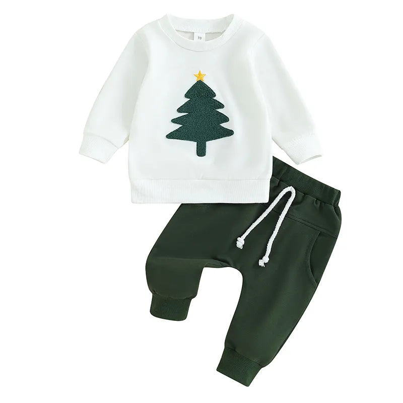 Unisex outfit comes with a white, long sleeved sweatshirt with a fuzzy green tree on the front with elastic green pants with pockets, baby boy and baby girl, toddler boy and toddler girl, baby boutique, Jelly Bean Baby Co.