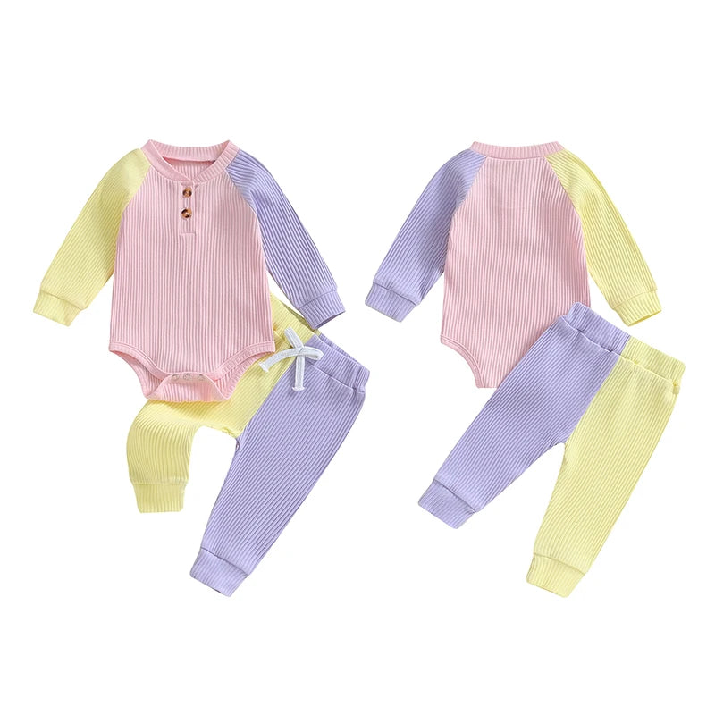 Front and back of Yellow, Pink, and Purple Two Piece Set, baby girl, baby boutique, Jelly Bean Baby Co.