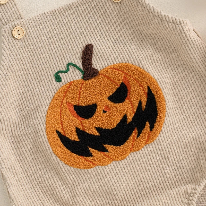 Close up of front of pumpkin for Halloween Baby Girl or Boy Overalls - Pumpkin Embroidered Sleeveless Romper for Fall, baby girl and baby boy, baby boutique, Jelly Bean Baby Co.
