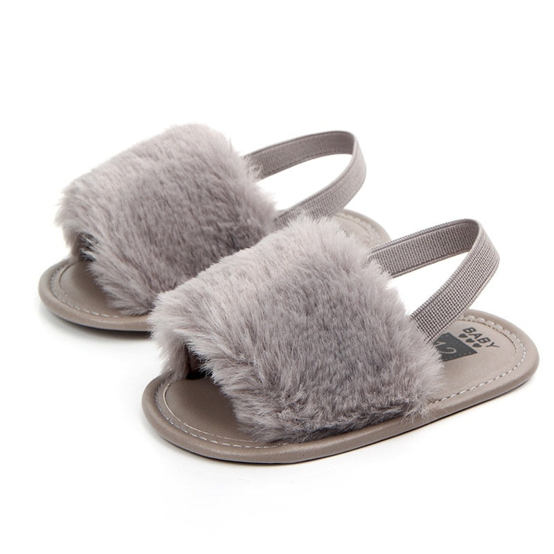 Light Gray fluffy sandal with elastic band, Jelly Bean Baby Co.