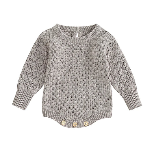 Gray unisex long sleeved sweater onesie with wooden buttons, baby boy, baby girl, baby boutique, Jelly Bean Baby Co.