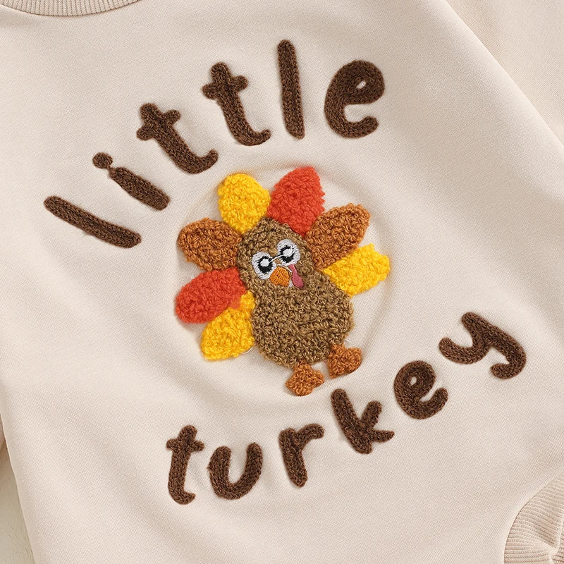 Embroidered front of onesie for Beige "Little Turkey" Long Sleeved Onesie, baby girl, baby boy, baby boutique, Jelly Bean Baby Co. 