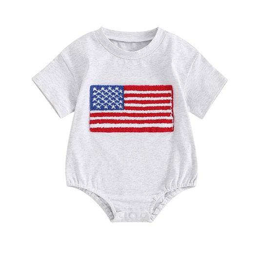 4th of July Flag Embroidery Onesie, Gray, baby boy or baby girl, baby boutique, Jelly Bean Baby Co.