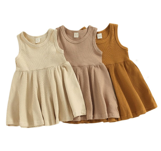 Baby Girl and Toddler Girl sleeveless dress in beige, cream, and caramel brown, baby boutique, Jelly Bean Baby Co.
