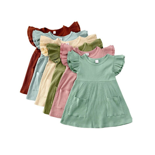  Solid colored baby and toddler dress in five colors, blush, light yellow, seafoam, brown, and green, dress with pockets, baby boutique, Jelly Bean Baby Co.