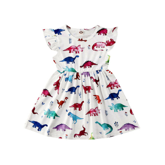 White ruffled short sleeve above the knee dress with colorful dinosaurs, Jelly Bean Baby Co.