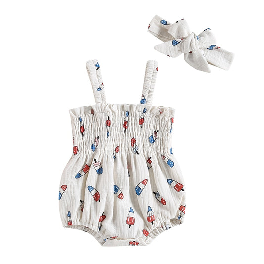 Red white and blue popsicle onesie with a matching headband, baby girl romper, baby boutique, Jelly Bean Baby Co.