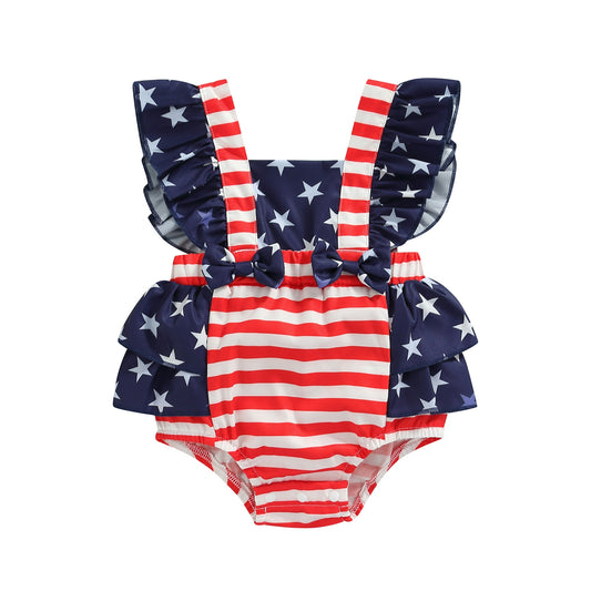 Red, white, and blue stars and stripes baby girl onesie, Fourth of July outfit, baby boutique, Sleeveless with ruffles and blue bows on the front, Jelly Bean Baby Co.